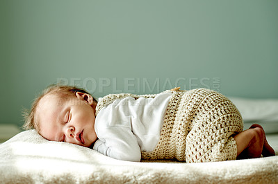 Buy stock photo Baby, sleeping or bed with cotton on sheet for nap time, rest or snooze on space in home. Newborn, child or kid asleep with eyes closed or relax on warm fabric or mockup for peaceful slumber in house