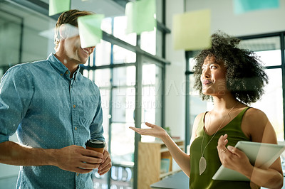 Buy stock photo Organized, meeting or people with glass for brainstorming ideas, collaboration or project strategy. Talking, sticky note and happy creative designers in office for startup, teamwork or planning task