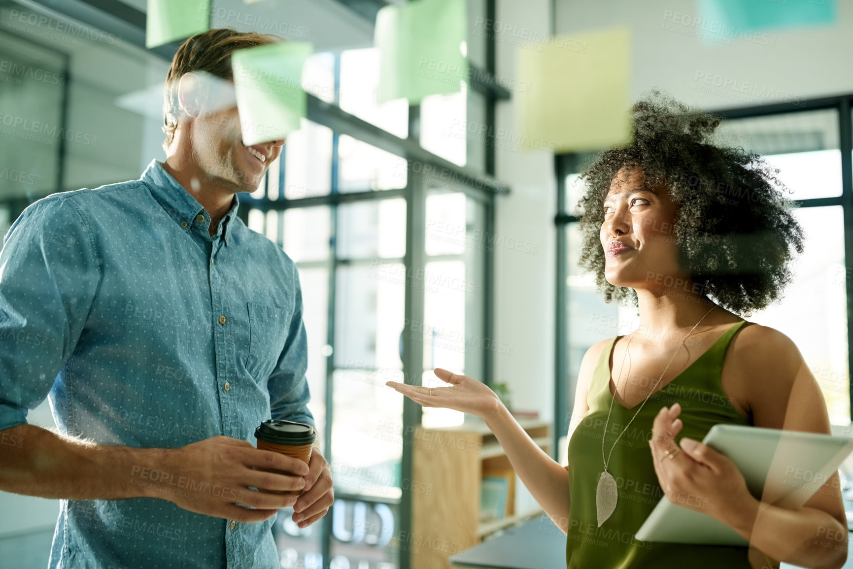 Buy stock photo Organized, meeting or people with glass for brainstorming ideas, collaboration or project strategy. Talking, sticky note and happy creative designers in office for startup, teamwork or planning task