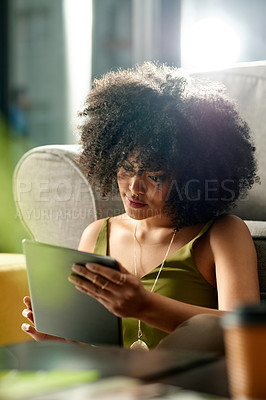 Buy stock photo Woman, designer and student with tablet for online course, styling tips or research in home. Female person, academic or browsing with technology or afro for fashion scholarship or design in house