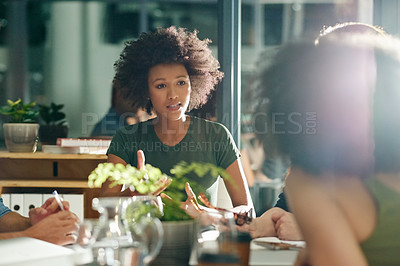 Buy stock photo Night, discussion and people in meeting with ideas, feedback and proposal for sustainable strategy. Late, business and team in office with conversation, collaboration or plan for environmental goals.