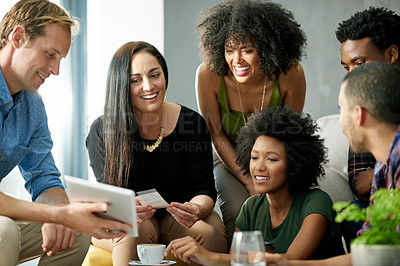Buy stock photo Meeting, business people and happy team with tablet in office for funny news, proposal and planning. Collaboration, group and journalists with tech for creative brainstorming, laugh or story idea