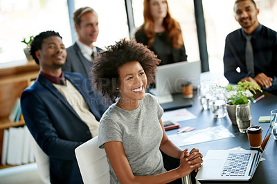Buy stock photo Office, presentation and business people in meeting listening for planning, strategy and discussion. Professional, teamwork and tech with men and women in boardroom for feedback, report and research