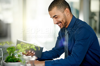 Buy stock photo Business, man and paperwork with tablet in office for accounting, finance report and review budget. Male person, digital and reading document for financial planning, audit information and investment