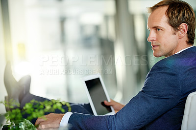 Buy stock photo Business, man or tablet with thinking in office for startup vision, company future or funding solution. Space, person and tech with reflection of dream opportunity, career development and perspective