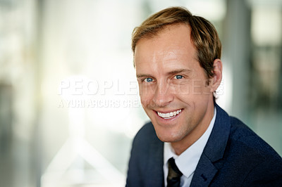 Buy stock photo Portrait, employee and man with pride, office and positive attitude for wealth management and space. Happy, financial advisor and confident for business growth, career development and opportunity