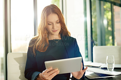 Buy stock photo Business, woman and typing on tablet in office for research, schedule update and finance report. Female person, digital and reading for budget review, company account and information for investment