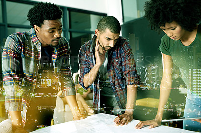 Buy stock photo Architecture, double exposure and people with blueprint in discussion for design, floorplan or urban development. Creative, city overlay and team with drawing for planning, layout or building project