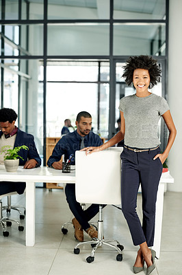 Buy stock photo Woman, happy and portrait at meeting in office, pride and risk management team at corporate agency. Person, broker and consultant career with job, excited or smile in boardroom at insurance company