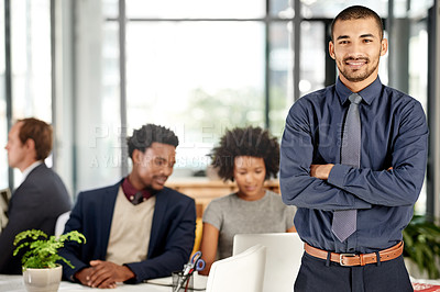 Buy stock photo Man, lawyer and smile in portrait at meeting, office and arms crossed with team for legal services. Person, attorney and consultant with pride for career, boardroom or happy at corporate law firm