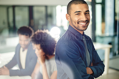 Buy stock photo Meeting, portrait and man with arms crossed, office or pride for career development, smile or flare. Happy, account manager and confident for investment opportunity, employee and people with project