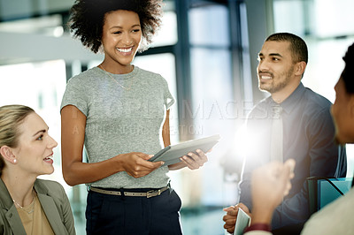 Buy stock photo Woman, group and tablet at meeting, office and happy with review, proposal or legal services at agency. People, team and smile with tech, application and feedback for report at corporate law firm
