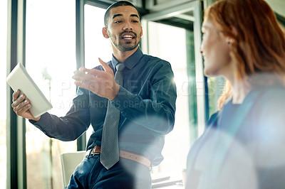 Buy stock photo Design, explain and tablet with business people in office for meeting or web development. App, conversation and ideas with developer team in workplace for user friendly optimization or responsiveness