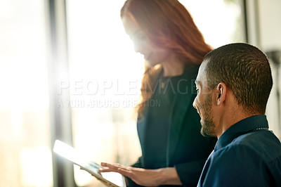 Buy stock photo Collaboration, conversation and tablet with business people in office for finance management or meeting. App, smile and update with corporate team in workplace together for financial research