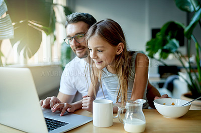 Buy stock photo Breakfast, laptop or morning with father and daughter in home dining room together for remote work. Computer, development or food with freelance parent and girl child in apartment for family time