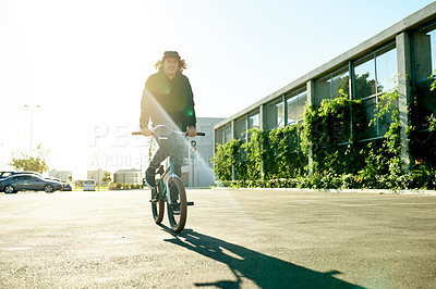 Buy stock photo Man, bicycle and sport for outdoor activity, hobby or challenge in parking lot. Bike, person and urban street for cycling, BMX training and skills for competition with balance and stunt exercise