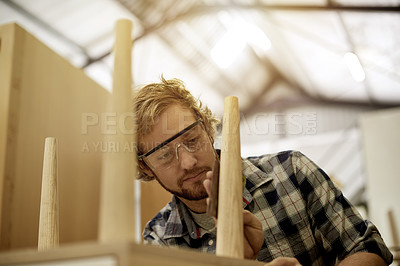 Buy stock photo Woodwork, sanding and man in workshop for building, carpentry or production process. Small business, manufacturing and creative carpenter in warehouse for craft, industrial trade and manual labor