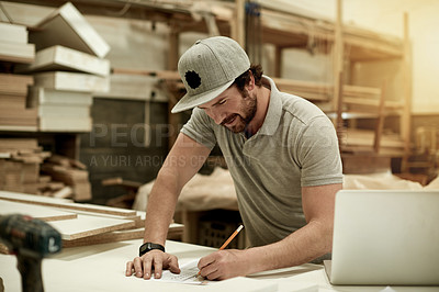 Buy stock photo Planning, furniture and sketch with man in workshop for design, artisan project and carpenter. Manufacturing, drawing and woodworking with male person and laptop for crafting and quality control