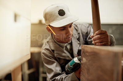 Buy stock photo Tool, man and carpenter in workshop for woodwork for manufacturing furniture for business. Industry, artisan and male handyman with drill for timber with industrial project for diy in factory.