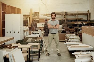 Buy stock photo Portrait, carpentry or man in warehouse with arms crossed, about us or furniture service in startup. Pride, vision or entrepreneur in factory with confidence, career growth or owner of small business