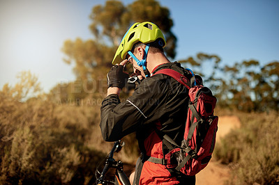 Buy stock photo Cyclist, nature and man with bicycle, break and athlete with fitness for journey, trail and healthy. Outdoor, race and person with eco friendly transport, carbon footprint and adventure in woods