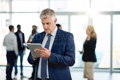 Buy stock photo Tablet, communication and mature businessman in office for finance report with email for contact. Digital technology, research and male financial manager with online investment proposal in workplace.