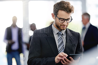 Buy stock photo Business, tablet and man in office, typing and research for economy report, stats and financial agency. People, employee and broker in workplace, tech and internet with stock market exchange or email