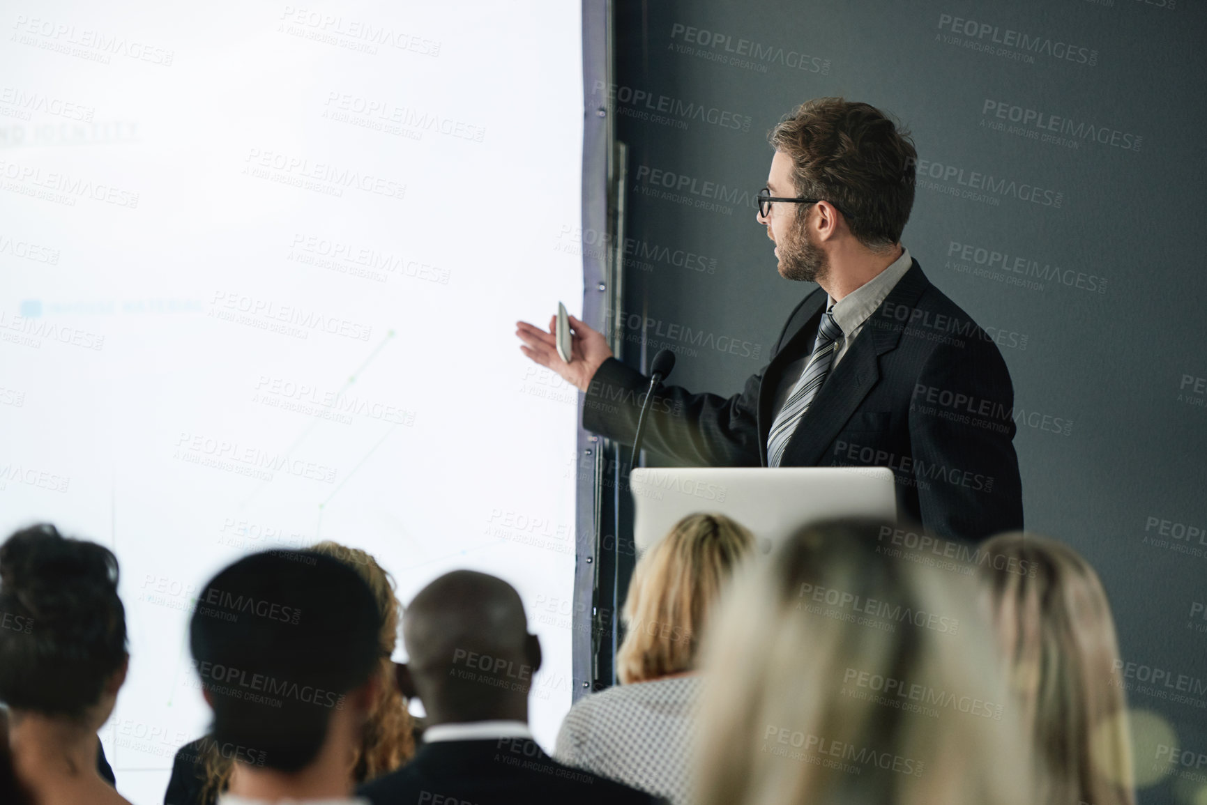 Buy stock photo Seminar, crowd and business people in office for presentation, conference or discussion for training. Workshop, audience and space and screen at convention for company policies and speaker proposal
