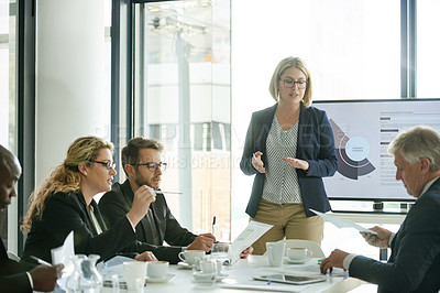 Buy stock photo Business people, meeting and presentation with documents for planning, brainstorming or proposal. Graphs, team and office communication with paperwork for project negotiation or collaboration