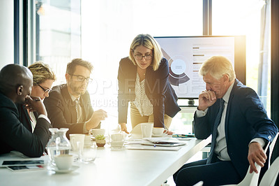 Buy stock photo Business people, paperwork and presentation with documents for meeting, brainstorming or proposal. Graphs, collaboration and office communication with planning for project negotiation and report