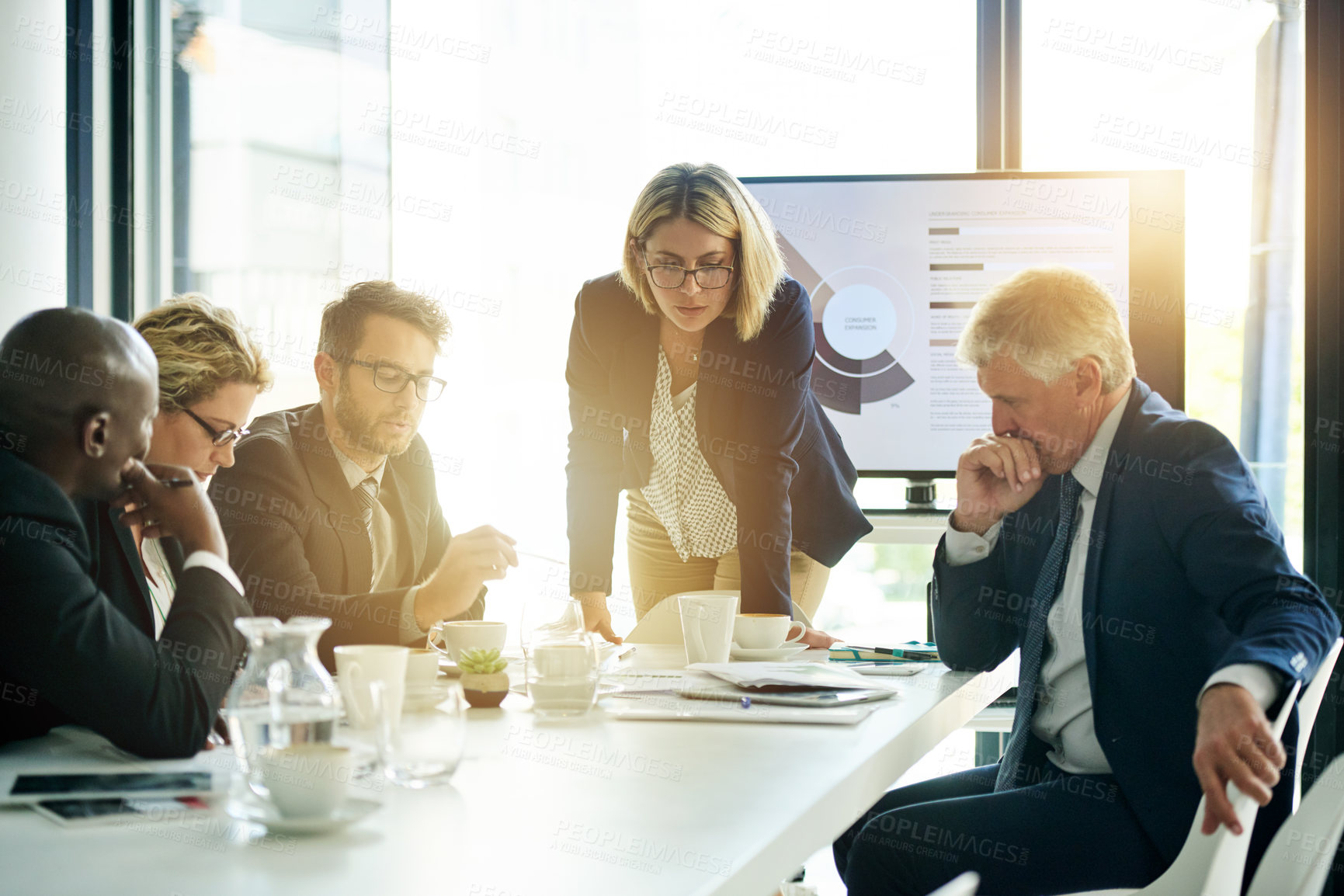 Buy stock photo Business people, paperwork and presentation with documents for meeting, brainstorming or proposal. Graphs, collaboration and office communication with planning for project negotiation and report