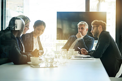 Buy stock photo Business people, meeting and man in office, teamwork and financial agency with feedback for revenue. Employees, investment company and group in boardroom, planning and review for profit growth