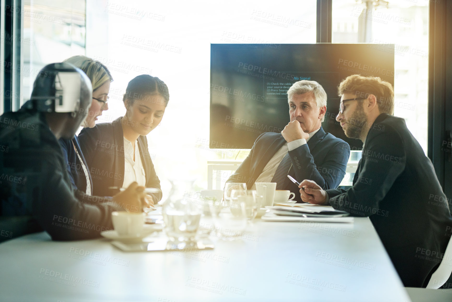Buy stock photo Business people, meeting and man in office, teamwork and financial agency with feedback for revenue. Employees, investment company and group in boardroom, planning and review for profit growth