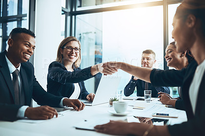 Buy stock photo Business people, meeting and handshake with deal in office for partnership, launch or project. Celebration, employees and shaking hands with smile for teamwork, b2b agreement and collaboration