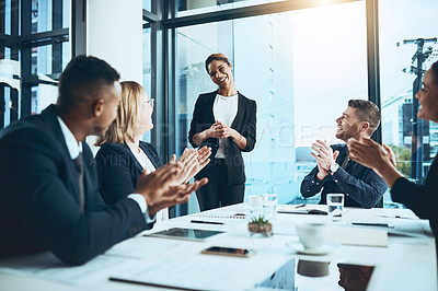 Buy stock photo Business people, meeting and applause with celebration in office for partnership, launch or project. Deal, employees and clapping hands with smile for brainstorming, planning or proposal for feedback