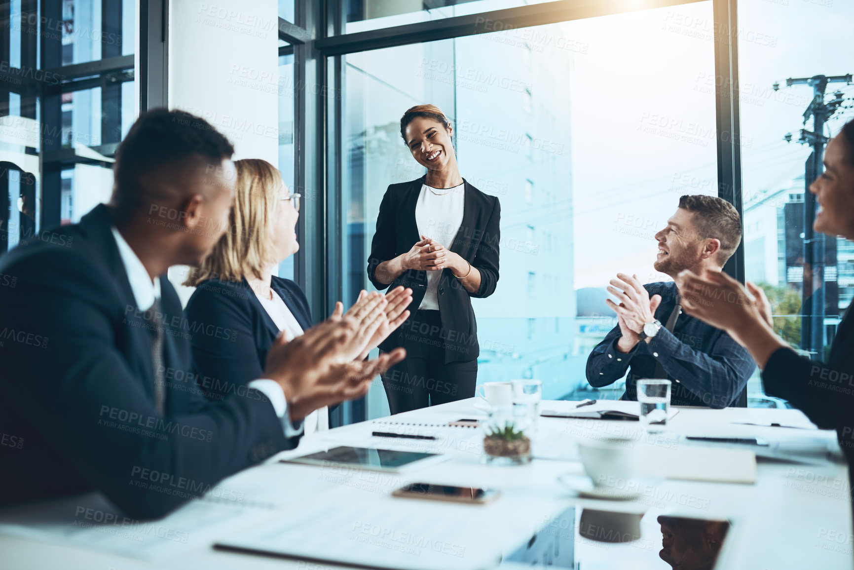 Buy stock photo Business people, meeting and applause with celebration in office for partnership, launch or project. Deal, employees and clapping hands with smile for brainstorming, planning or proposal for feedback