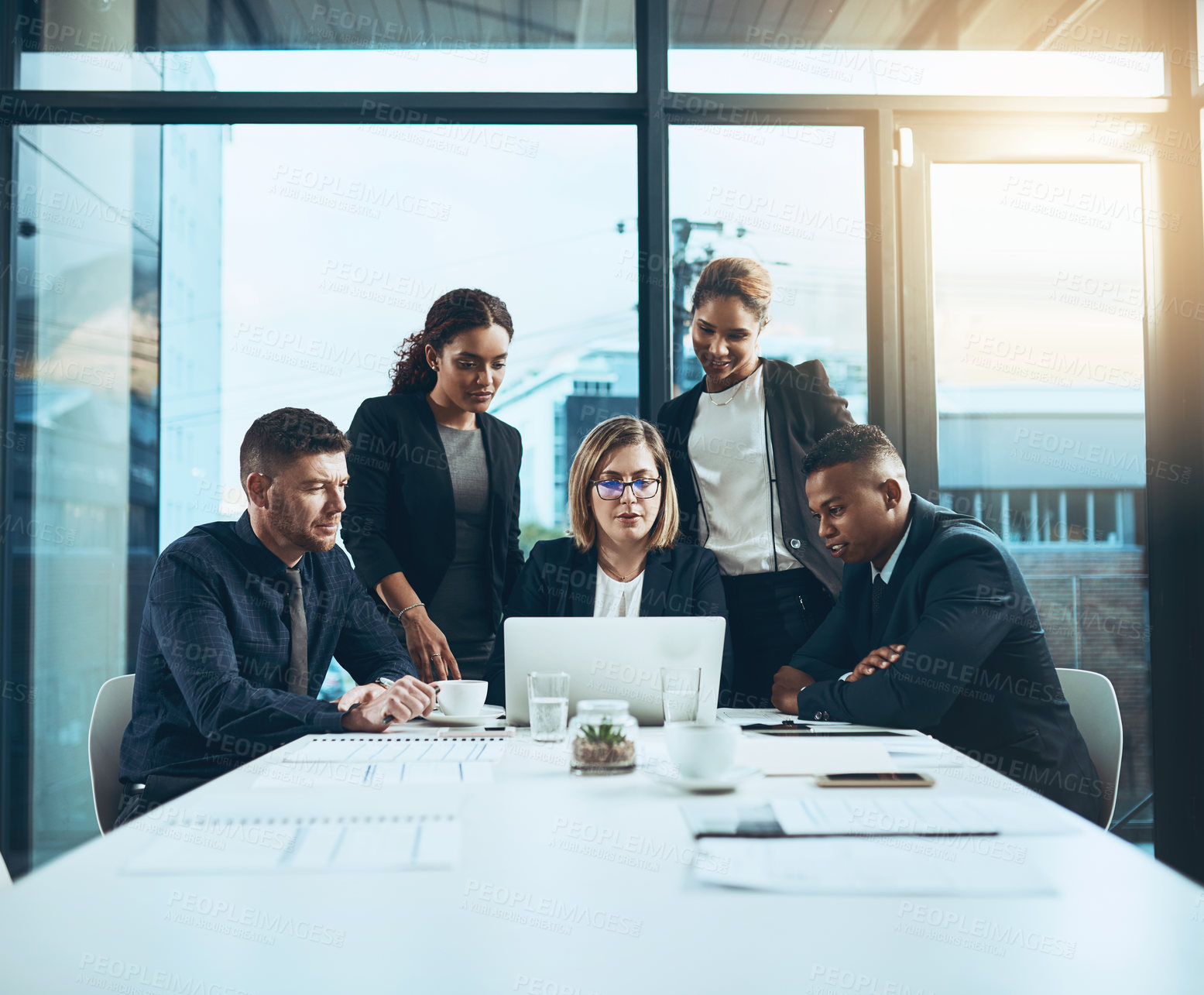 Buy stock photo Business people, meeting and teamwork with laptop in office for report, analysis or project. Accounting, employees and feedback with tech for discussion, planning or proposal for brainstorming