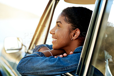 Buy stock photo Happy, thinking and black woman in car window for holiday, adventure and journey in countryside. Tourism, relax and person in vehicle for road trip, vacation and travel for weekend getaway in nature