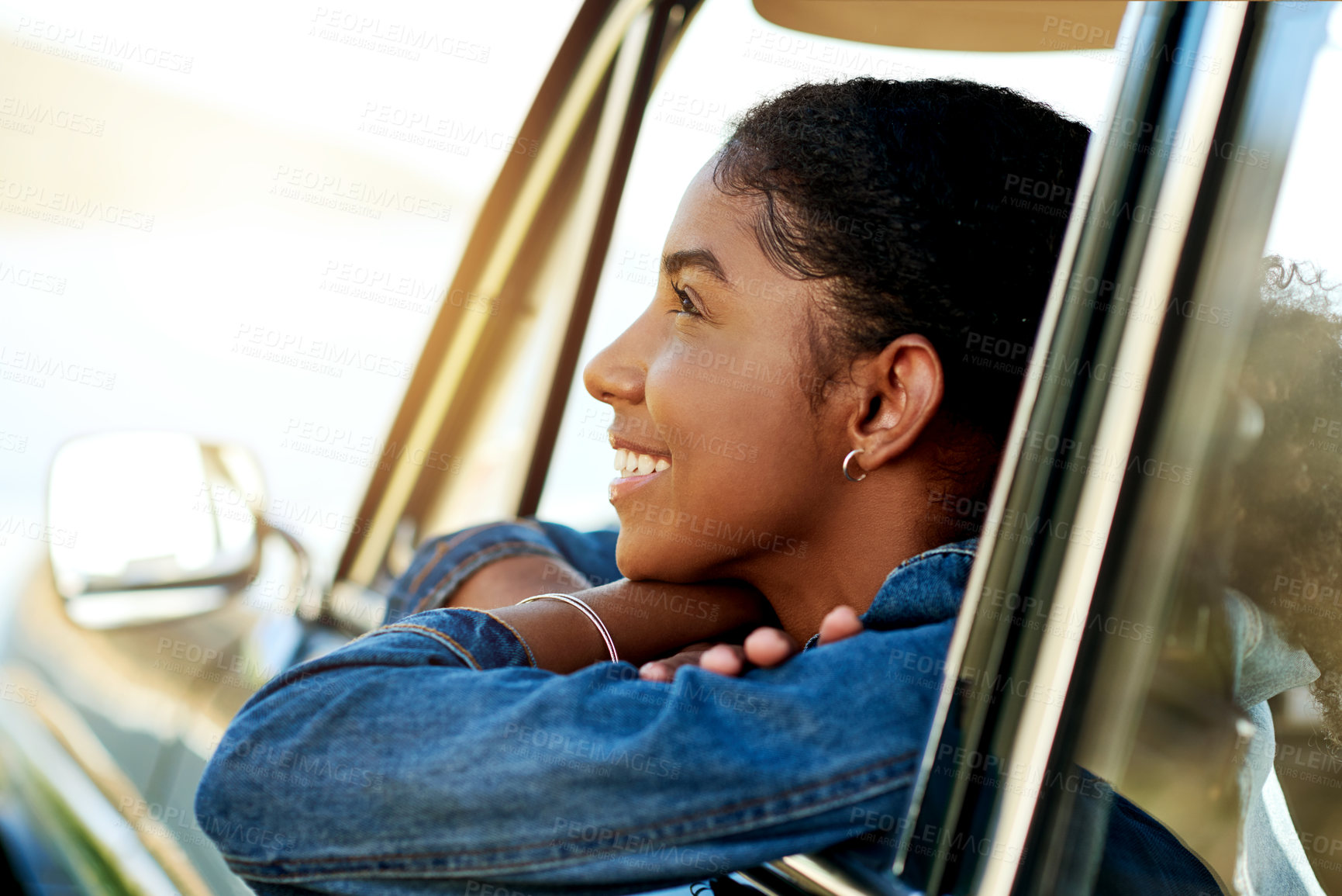 Buy stock photo Happy, thinking and black woman in car window for holiday, adventure and journey in countryside. Tourism, relax and person in vehicle for road trip, vacation and travel for weekend getaway in nature