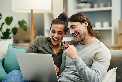 Buy stock photo Happy, laugh and couple in home with laptop for watching movies, funny series and entertainment. Bonding, relax and man with woman on computer for subscription, film and comedy on weekend on sofa