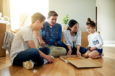 Buy stock photo Happy family, moving and eating pizza in new home to celebrate real estate loan with parents on floor. Mother, father and kids with fast food for relocation, unpacking break or share meal in property
