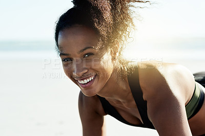 Buy stock photo Portrait, athlete and plank with woman at beach for fitness, bodyweight exercise and core strength. Space, female person and body balance for pilates workout, strong muscles and endurance challenge