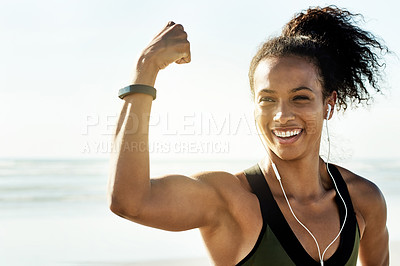 Buy stock photo Bicep, fitness and portrait with happy woman on beach for achievement or celebration of goals. Arm, exercise and flexing muscle with excited African athlete outdoor for health or training success