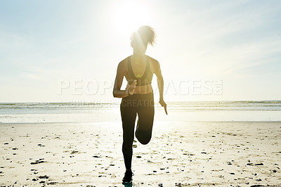 Buy stock photo Woman, running or fitness with sunshine on beach for workout, exercise or outdoor training. Active, female person or runner with lens flare for sprint, cardio practice or health and wellness on space