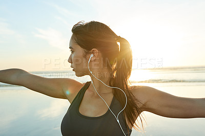 Buy stock photo Nature, yoga and woman in warrior pose for posture, wellness or holistic health for calm soul. Relax, beach or zen female person stretching arms for mindfulness, chakra balance or peace for awareness