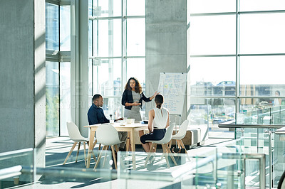 Buy stock photo Woman, presentation and team in boardroom with risk assessment, review and problem solving at office. Person, speaker and pitch with group, talk or point with notes for solution at insurance agency