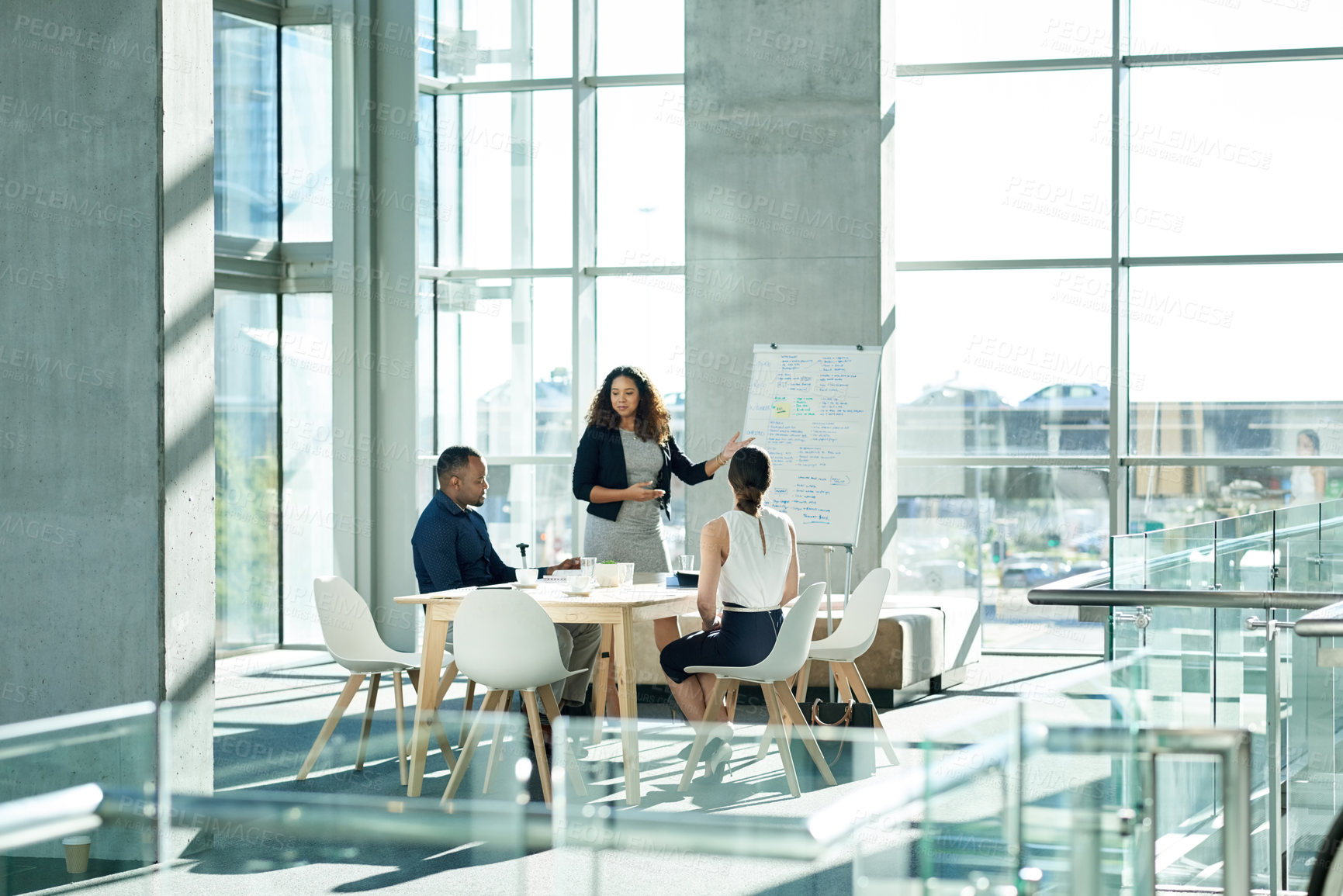 Buy stock photo Woman, presentation and team in boardroom with risk assessment, review and problem solving at office. Person, speaker and pitch with group, talk or point with notes for solution at insurance agency