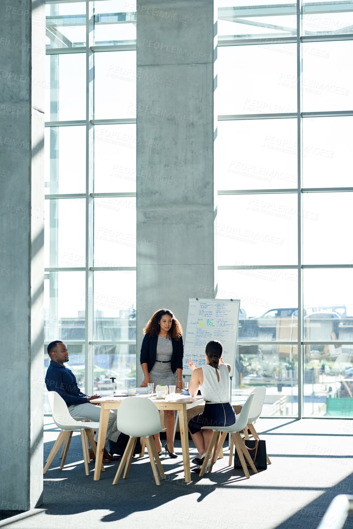 Buy stock photo Meeting, business people or discussion for presentation in office, compliance proposal or question. Presenter, training or planning with team to review policy, strategy or explain feedback with space