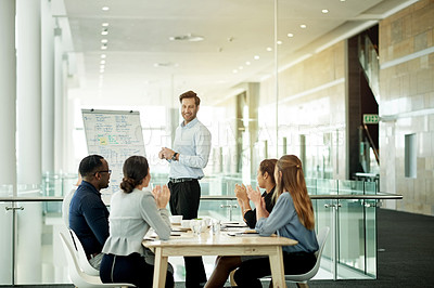 Buy stock photo Businessman, meeting or team applause with presentation in office for staff training or project. Male person, speaker or whiteboard with group clapping for company performance or success in workplace