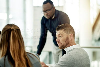 Buy stock photo Meeting, team and discussion with business people in office for event planning, project timeline and partner. Schedule, pitch and collaboration with employee in agency for feedback and proposal